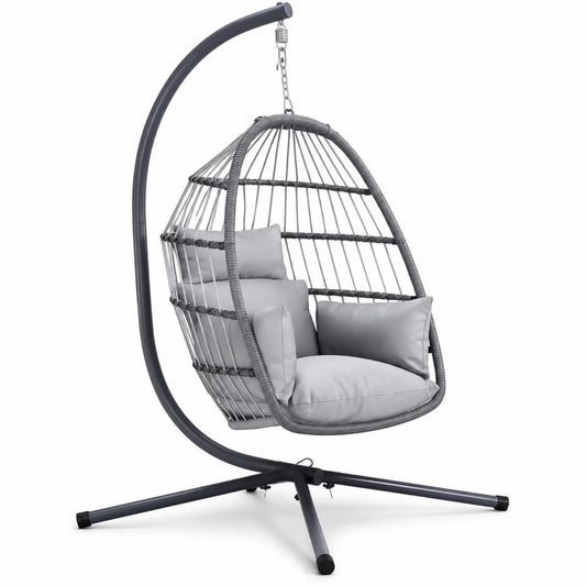 Chaise suspendue en acier et rotin avec coussins en polyester Gris