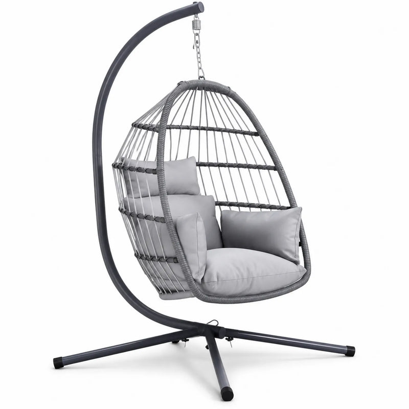 Chaise suspendue en acier et rotin avec coussins en polyester Gris