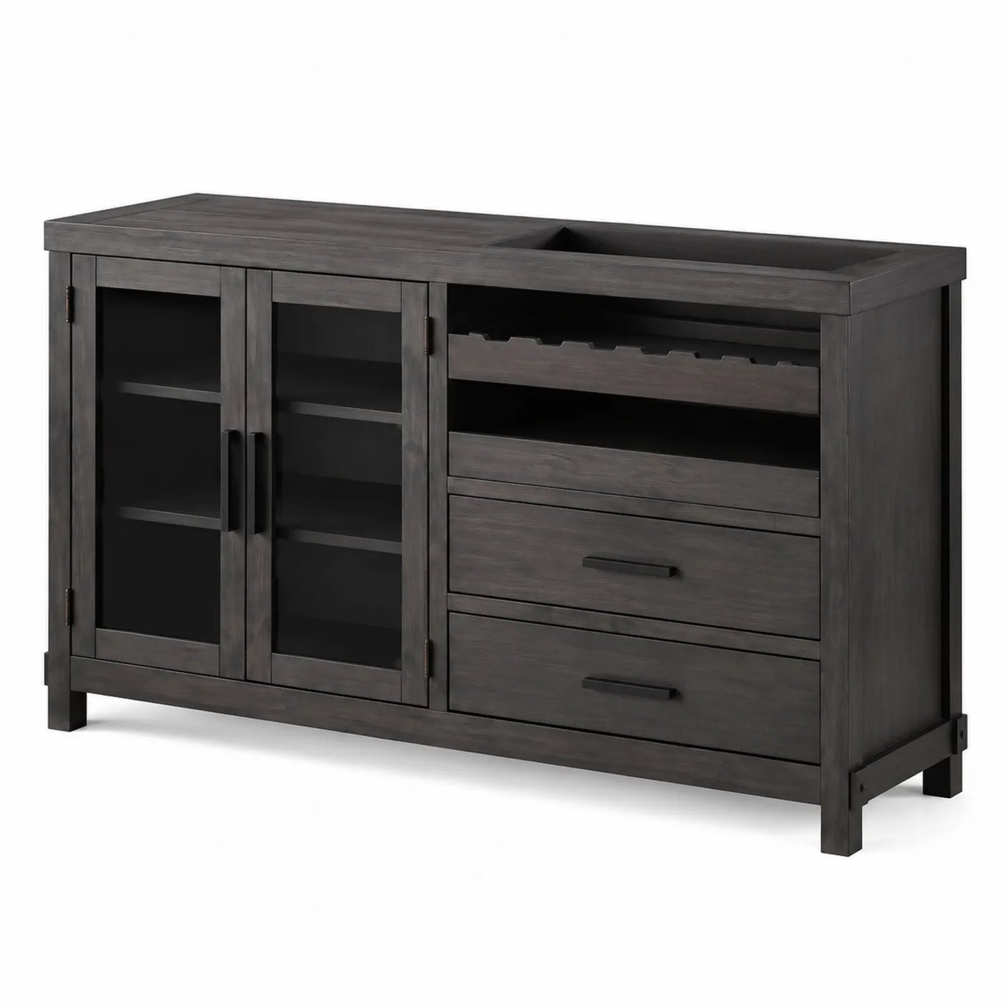 Buffet en bois avec vitrine et tiroirs en verre trempé