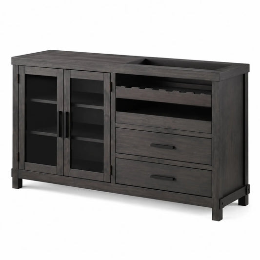 Buffet en bois avec vitrine et tiroirs en verre trempé