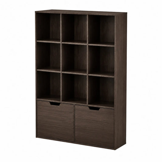 Bibliothèque en bois avec compartiments et tiroirs