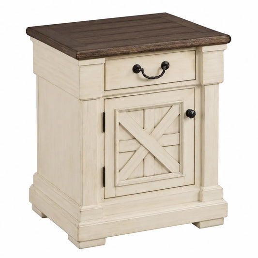 Table de Chevet en Bois Blanc et Marron avec Tiroir et Porte