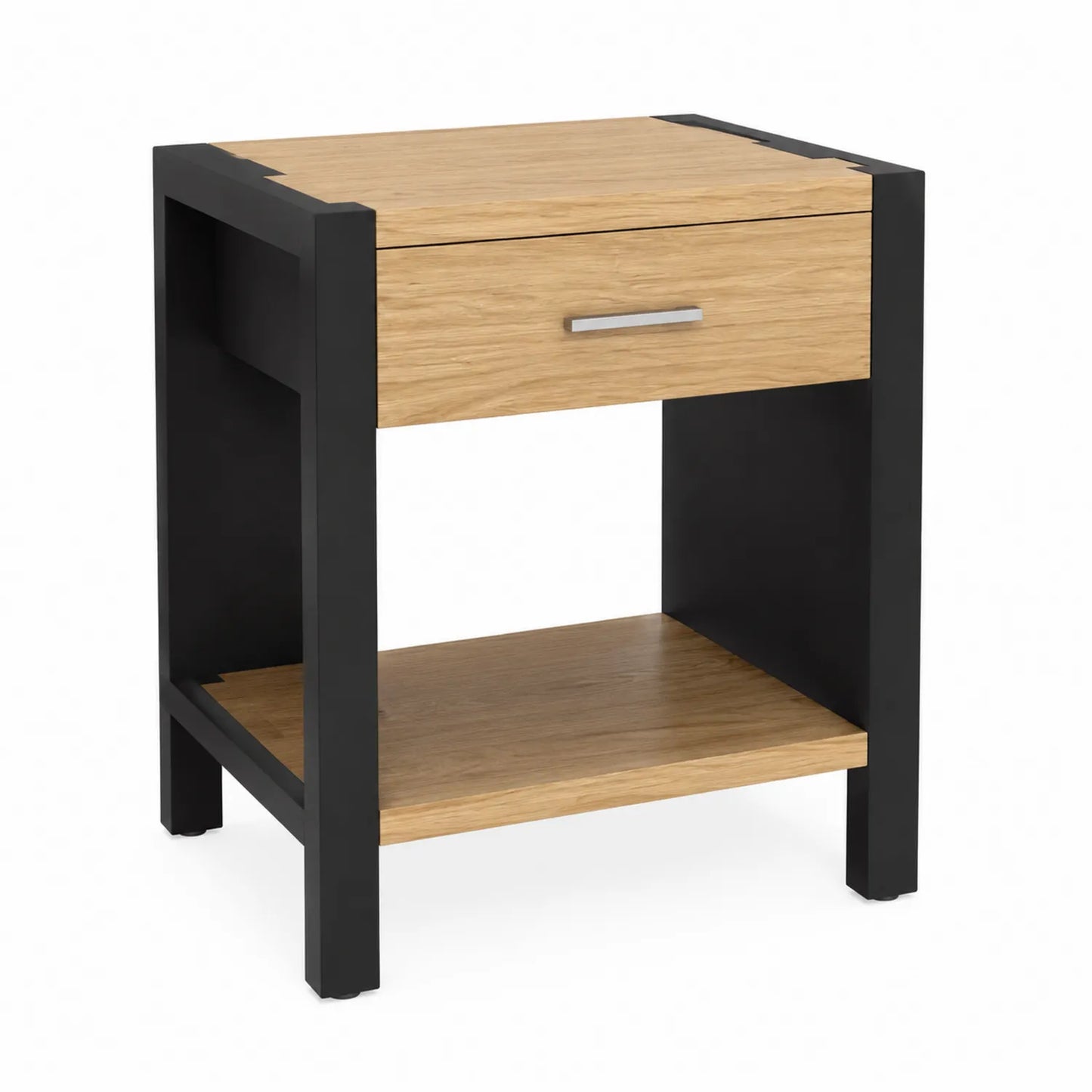 Table de chevet en bois et métal noir avec tiroir