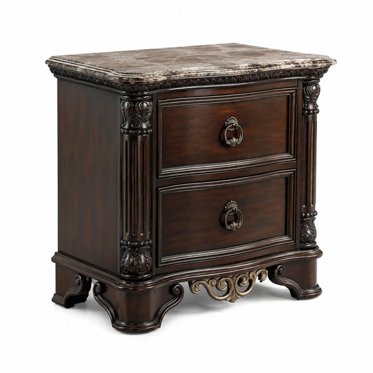 Table de Chevet en Bois avec Plateau en Marbre, Marron